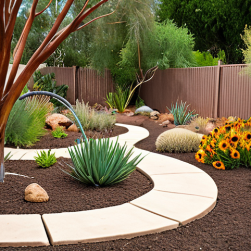 Home 4 ** A thriving garden showcasing native plants adapted to the local climate. Feature drought-resistant species and examples of water-saving techniques like drip irrigation and mulch. The scene should evoke a sense of ecological balance and natural beauty.
**