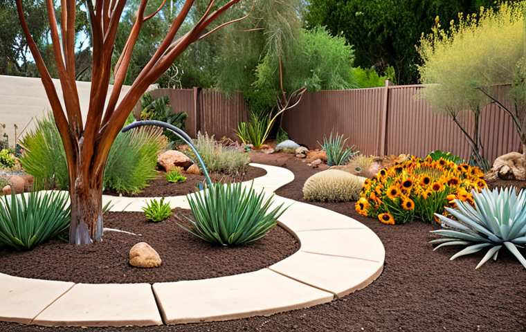 ** A thriving garden showcasing native plants adapted to the local climate. Feature drought-resistant species and examples of water-saving techniques like drip irrigation and mulch. The scene should evoke a sense of ecological balance and natural beauty.
**