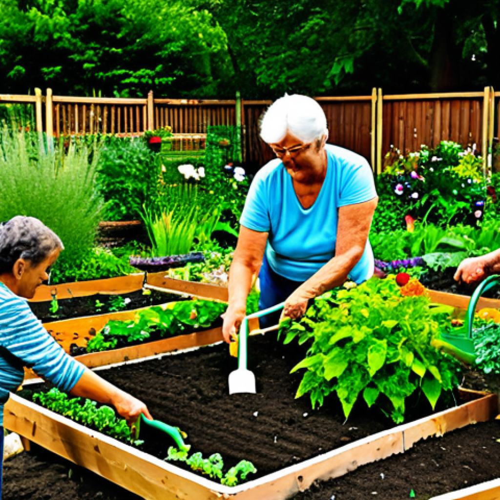 A vibrant community garden in a bustling urban area, with diverse individuals of various ages (adults and seniors) happily engaged in gardening activities. People are seen watering plants, tending to vegetable patches, and sharing tools. The garden features lush green plants, colorful flowers, and some innovative elements like repurposed containers or vertical gardening structures. The lighting is bright and inviting, showcasing a sense of collective effort and pride. All subjects are fully clothed in modest, comfortable, and appropriate gardening attire, reflecting a family-friendly and safe for work environment. Perfect anatomy, correct proportions, natural poses, well-formed hands, proper finger count, natural body proportions, high-quality professional photography, appropriate content.