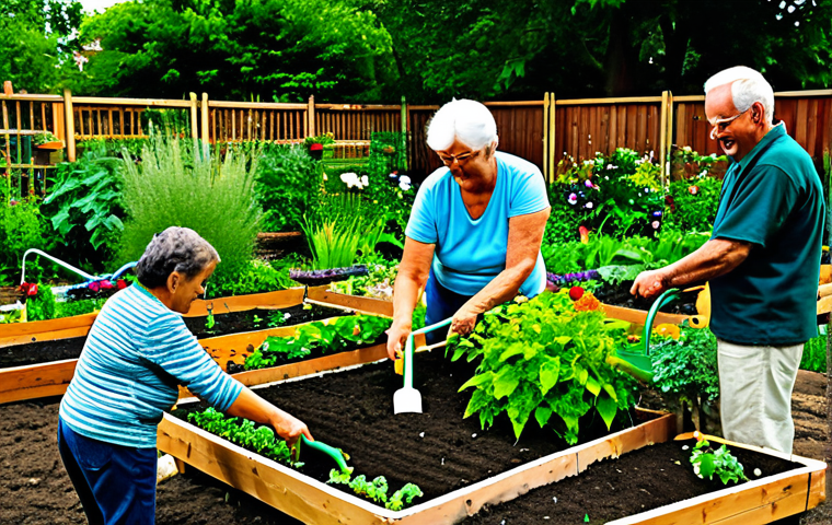 A vibrant community garden in a bustling urban area, with diverse individuals of various ages (adults and seniors) happily engaged in gardening activities. People are seen watering plants, tending to vegetable patches, and sharing tools. The garden features lush green plants, colorful flowers, and some innovative elements like repurposed containers or vertical gardening structures. The lighting is bright and inviting, showcasing a sense of collective effort and pride. All subjects are fully clothed in modest, comfortable, and appropriate gardening attire, reflecting a family-friendly and safe for work environment. Perfect anatomy, correct proportions, natural poses, well-formed hands, proper finger count, natural body proportions, high-quality professional photography, appropriate content.