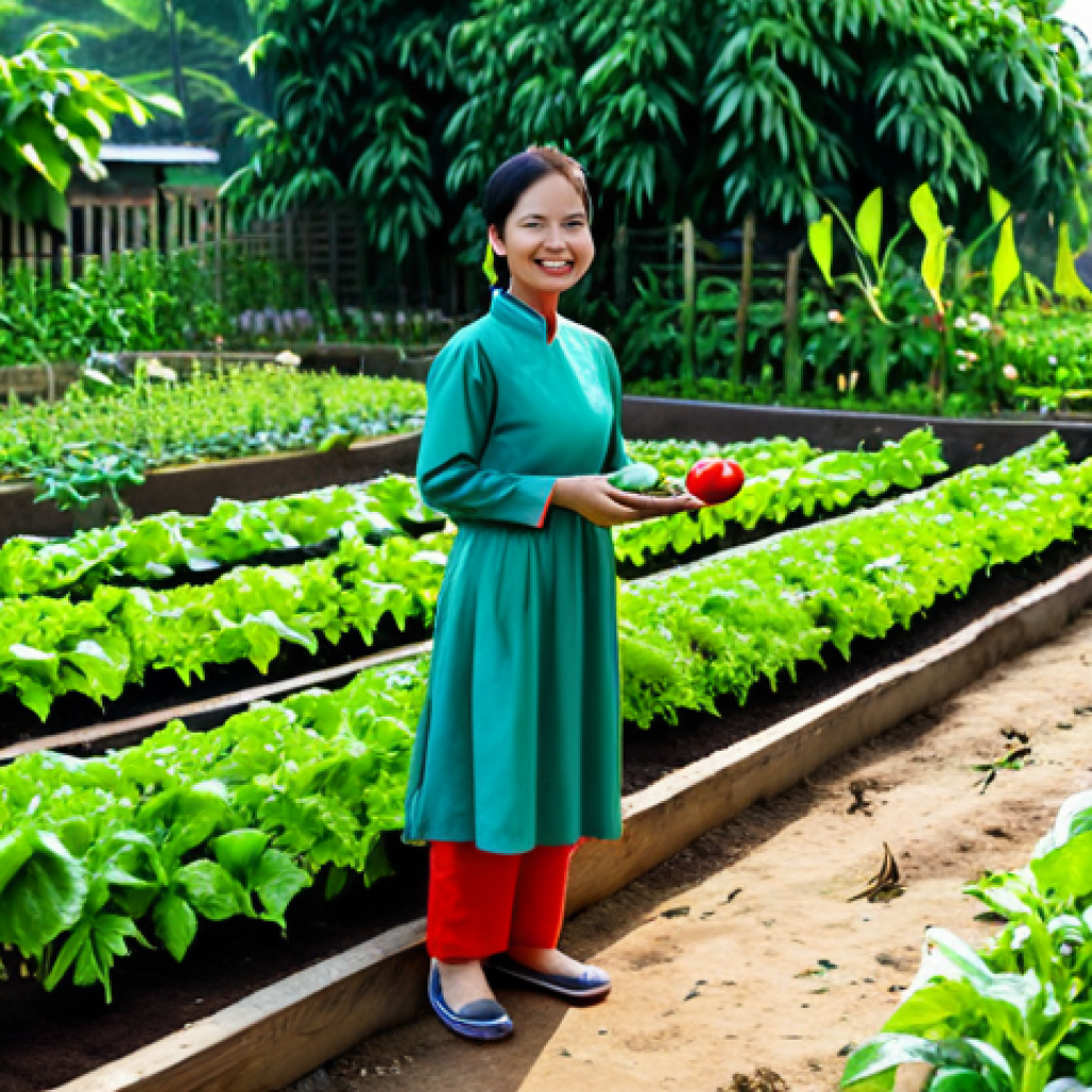 Thriving Vegetable Garden**
A lush vegetable garden in Vietnam, filled with vibrant greens, ripe tomatoes, and colorful peppers. The garden is neatly organized with raised beds and well-maintained paths. A smiling woman wearing a traditional Ao Dai is tending to the plants. Morning sunlight filters through the leaves, creating a warm and inviting atmosphere. Safe for work, appropriate content, fully clothed, professional, perfect anatomy, natural proportions, high resolution, photorealistic.
**