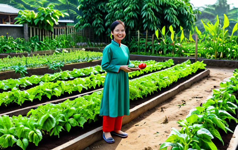 Thriving Vegetable Garden**
A lush vegetable garden in Vietnam, filled with vibrant greens, ripe tomatoes, and colorful peppers. The garden is neatly organized with raised beds and well-maintained paths. A smiling woman wearing a traditional Ao Dai is tending to the plants. Morning sunlight filters through the leaves, creating a warm and inviting atmosphere. Safe for work, appropriate content, fully clothed, professional, perfect anatomy, natural proportions, high resolution, photorealistic.
**