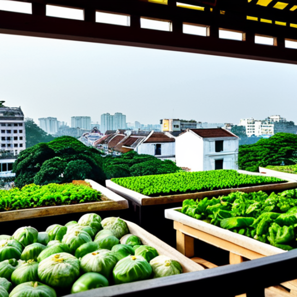 도시 조경의 지속 가능한 발전 전략 - **Rooftop Garden in Hanoi:** A lush rooftop garden atop a traditional Vietnamese house in Hanoi, ove...