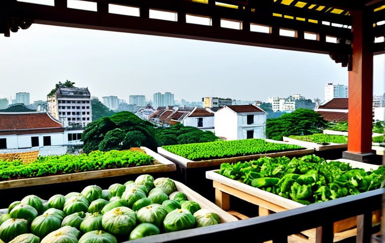 도시 조경의 지속 가능한 발전 전략 - **Rooftop Garden in Hanoi:** A lush rooftop garden atop a traditional Vietnamese house in Hanoi, ove...