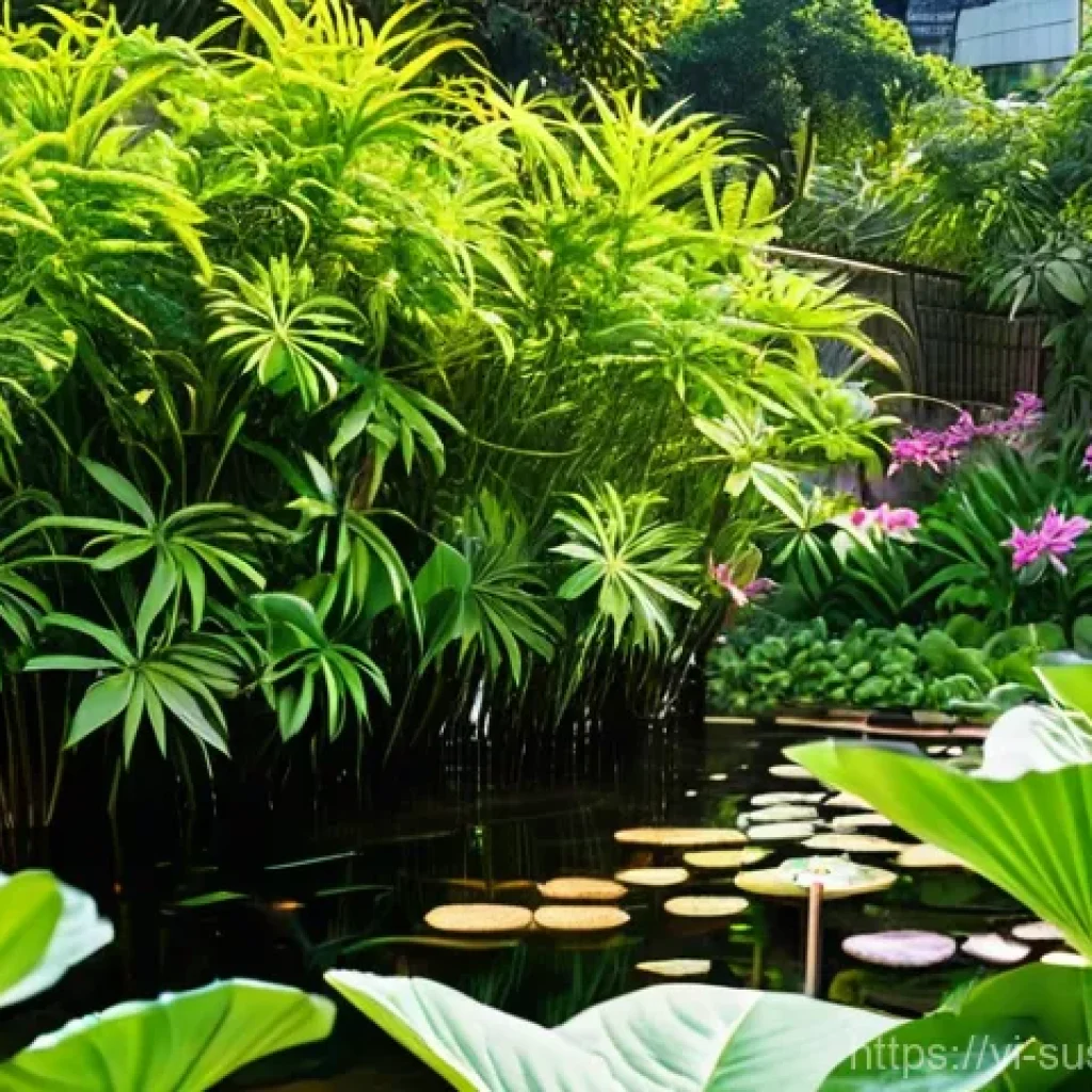 조경에서의 생물 다양성 증진 전략 - **Urban Biodiversity Oasis in Vietnam:**
A vibrant, sun-drenched urban garden in Vietnam, showca...