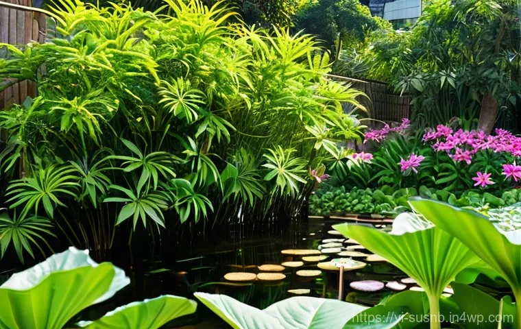 조경에서의 생물 다양성 증진 전략 - **Urban Biodiversity Oasis in Vietnam:**
A vibrant, sun-drenched urban garden in Vietnam, showca...