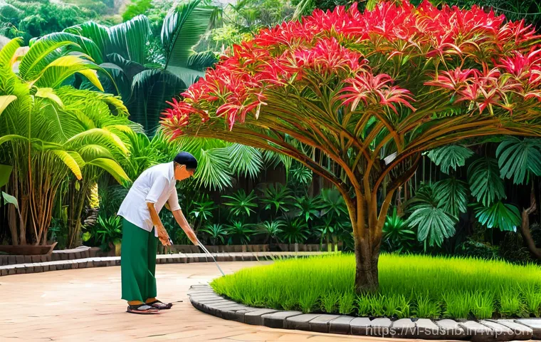 정원에 적합한 다년생 식물 가이드 - **Vibrant Tropical Oasis in Vietnam:**
A serene and thriving tropical garden in Vietnam, bathed ...