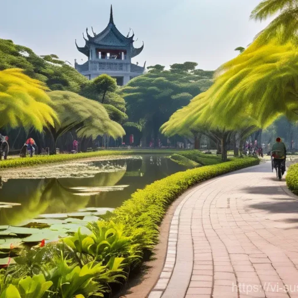 지속 가능한 조경 관리의 윤리적 측면 - A vibrant public park in a Vietnamese city, designed with native plants. Lush, mature Banyan and Fla...