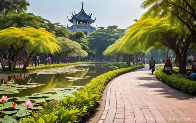 지속 가능한 조경 관리의 윤리적 측면 - A vibrant public park in a Vietnamese city, designed with native plants. Lush, mature Banyan and Fla...