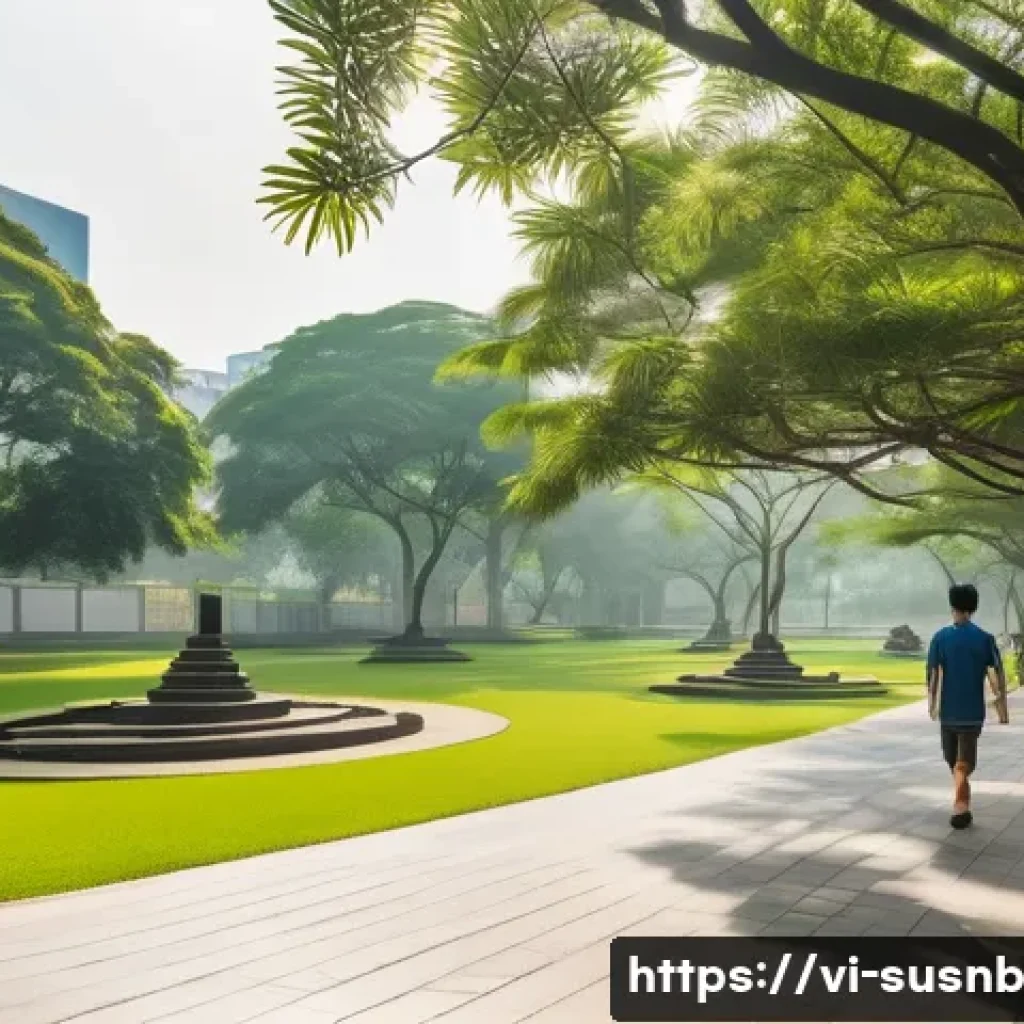 지속 가능한 조경 관리의 성공 사례 - **Prompt:** A serene and vibrant urban park in a modern Vietnamese city, bathed in warm, soft mornin...