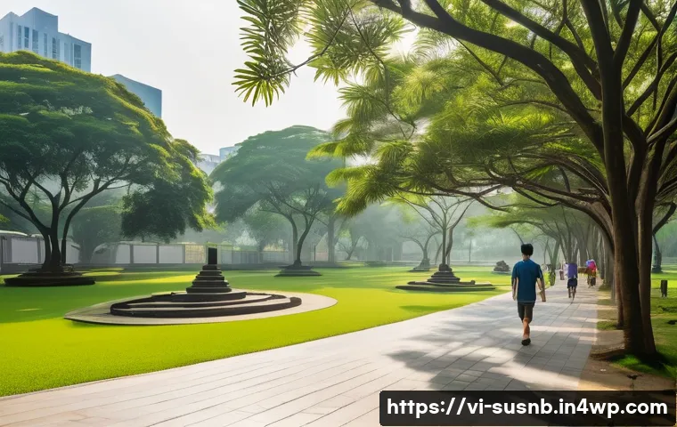 지속 가능한 조경 관리의 성공 사례 - **Prompt:** A serene and vibrant urban park in a modern Vietnamese city, bathed in warm, soft mornin...