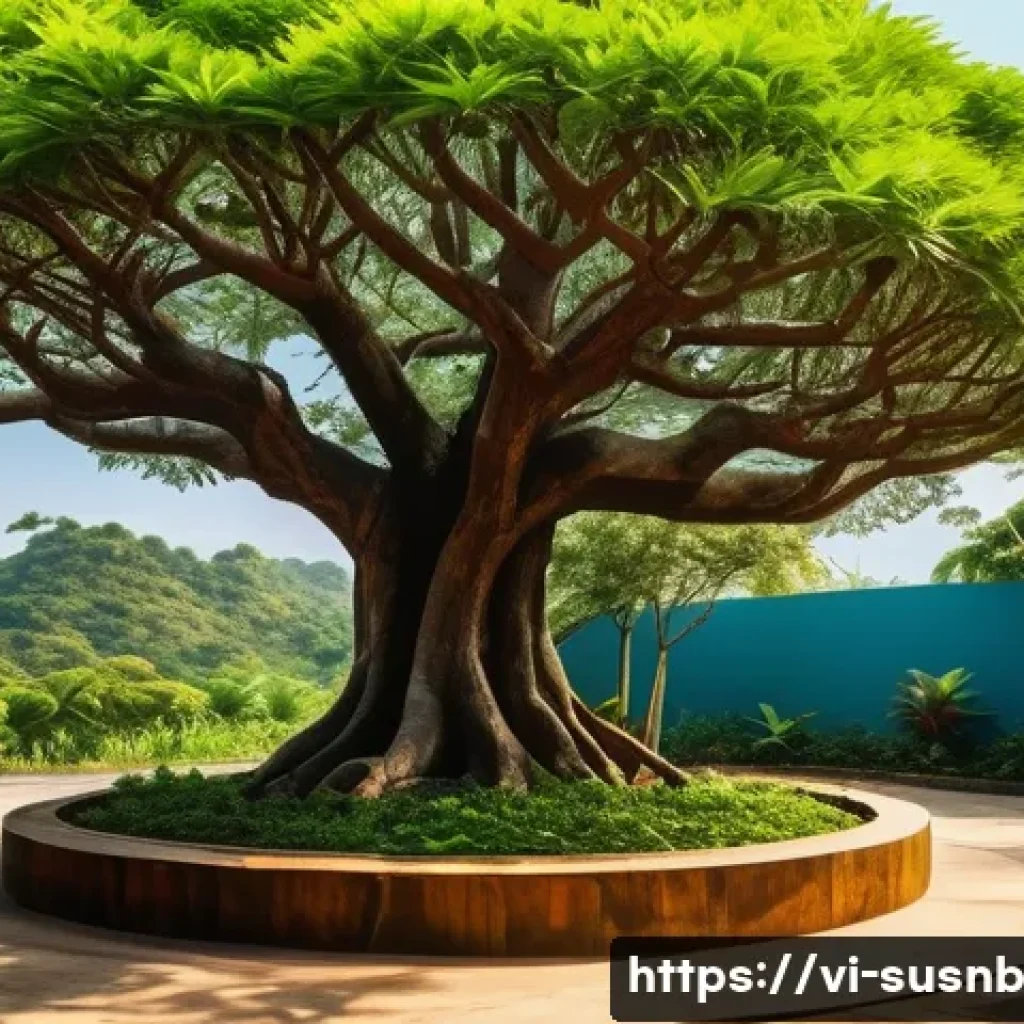 자연 친화적인 조경 식물 리스트 - A vibrant Vietnamese garden scene showcasing a large Bàng tree with a thick wooden trunk and wide ca...