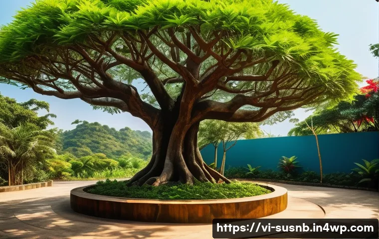 자연 친화적인 조경 식물 리스트 - A vibrant Vietnamese garden scene showcasing a large Bàng tree with a thick wooden trunk and wide ca...