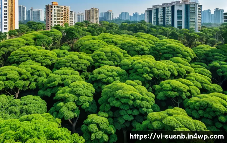 친환경 조경 디자인 트렌드 - A vibrant urban green space in Vietnam featuring native trees such as blooming Hoa sữa with fragrant...