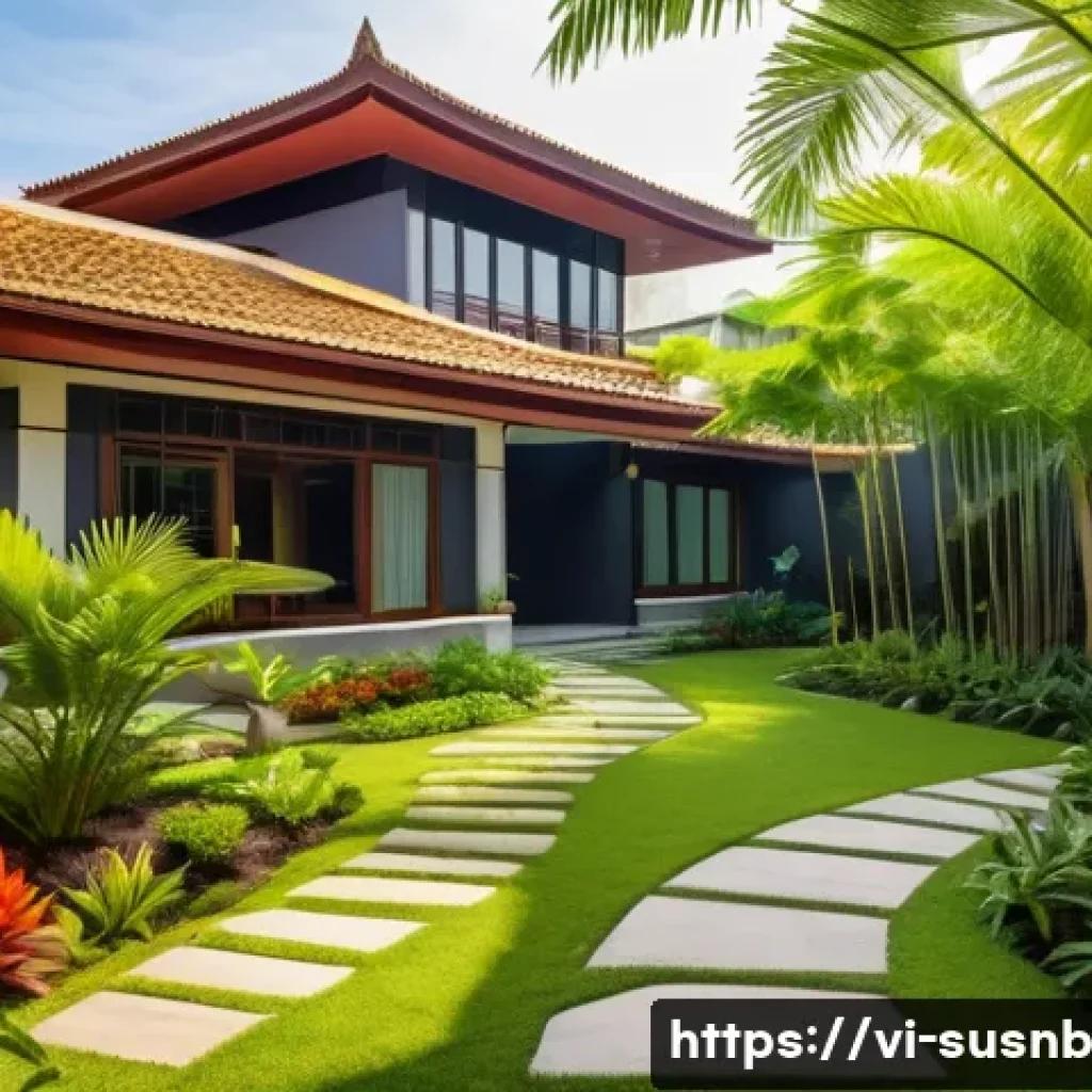 물리적 환경에서의 조경 관리 원칙 - A vibrant tropical Vietnamese garden scene showcasing native trees such as bamboo, coconut palms, an...