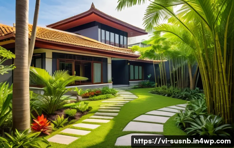 물리적 환경에서의 조경 관리 원칙 - A vibrant tropical Vietnamese garden scene showcasing native trees such as bamboo, coconut palms, an...