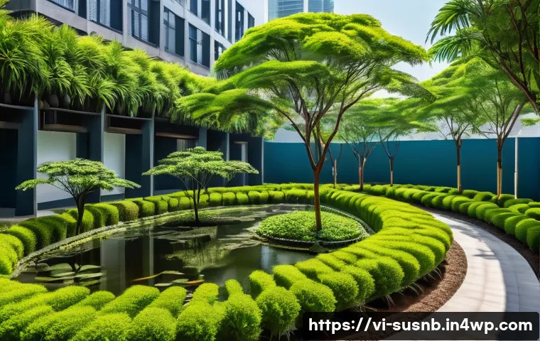 조경에서의 지속가능한 관리 체크리스트 - A vibrant urban green space in Vietnam featuring a variety of native trees and shrubs arranged in la...
