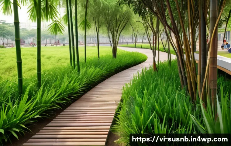지속가능한 조경 관리의 글로벌 트렌드 - A sustainable urban park scene in Ho Chi Minh City featuring native Vietnamese plants adapted to hot...