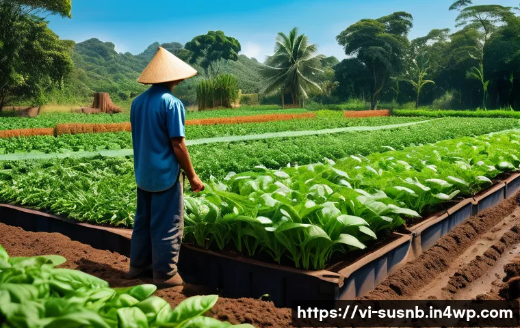 식물 생장 촉진을 위한 유기농 방법 - A vibrant Vietnamese organic vegetable garden scene showing various crops such as water spinach, mus...