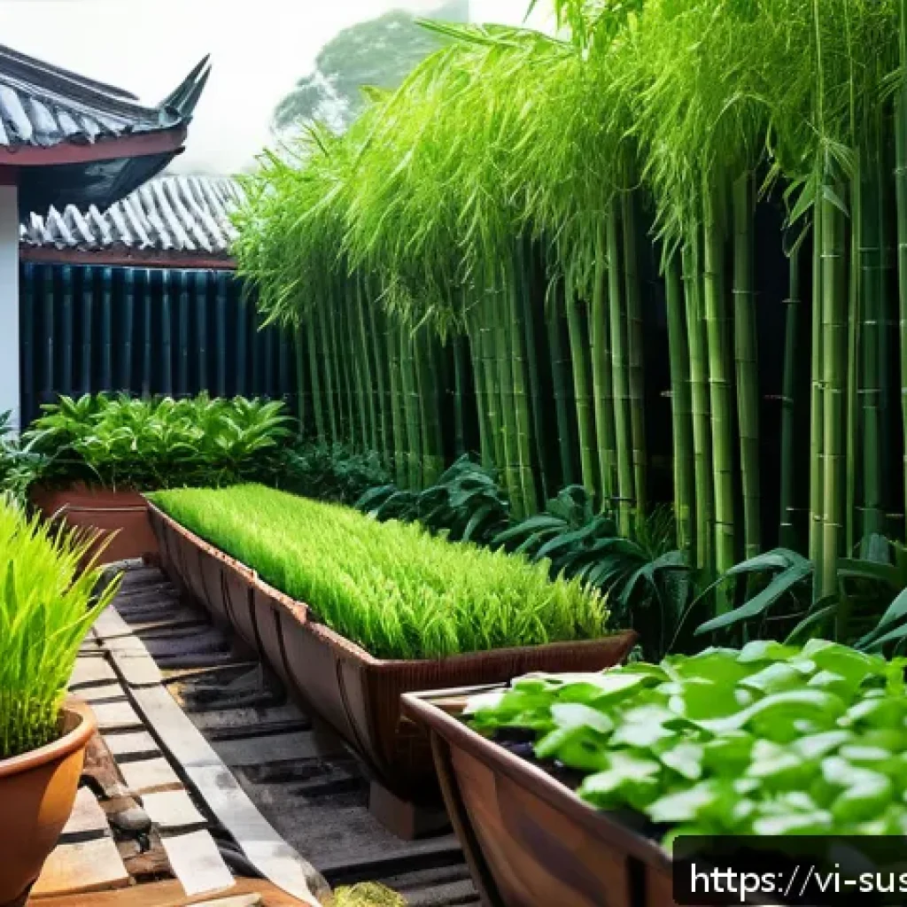 물 효율적인 조경 관개 시스템 - A vibrant Vietnamese home garden featuring a modern drip irrigation system, with thin black tubing d...