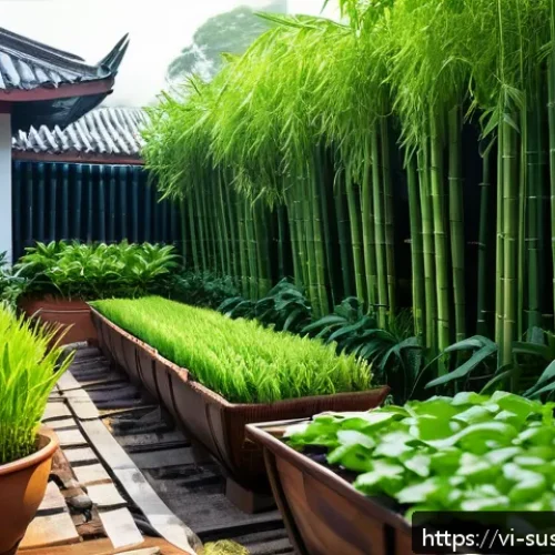Home 31 물 효율적인 조경 관개 시스템 - A vibrant Vietnamese home garden featuring a modern drip irrigation system, with thin black tubing d...