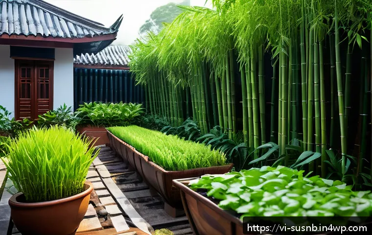 물 효율적인 조경 관개 시스템 - A vibrant Vietnamese home garden featuring a modern drip irrigation system, with thin black tubing d...