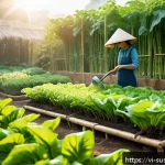 Home 18 유기농 정원 조성 방법 - A vibrant organic vegetable garden in a Vietnamese backyard, showcasing neatly divided planting beds...