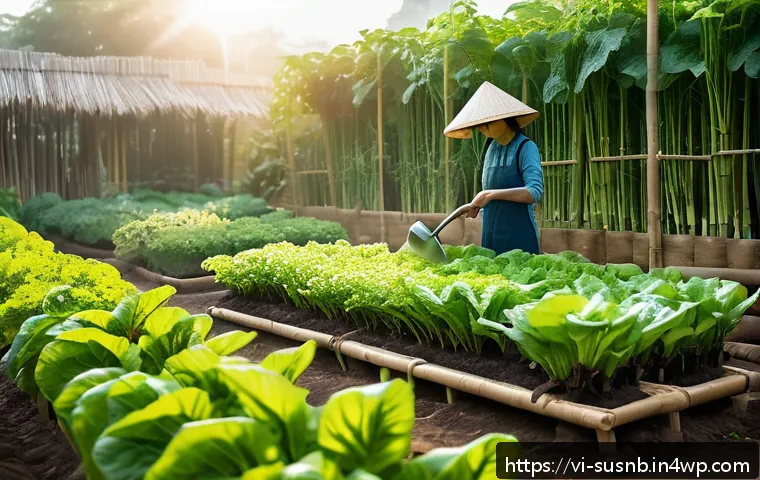 유기농 정원 조성 방법 - A vibrant organic vegetable garden in a Vietnamese backyard, showcasing neatly divided planting beds...