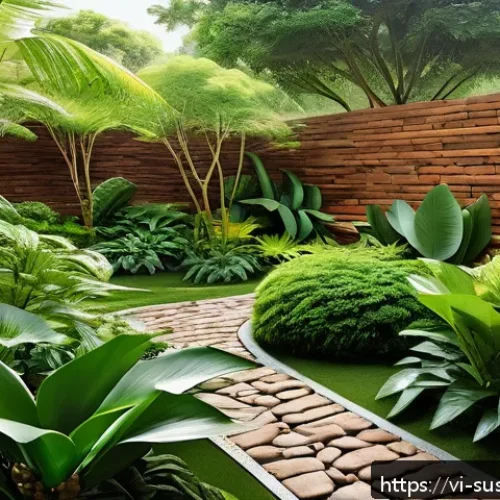 Home 17 조경에서의 생태적 원칙 적용 사례 - A lush Vietnamese tropical garden showcasing native trees like Indian almond (Terminalia catappa), m...