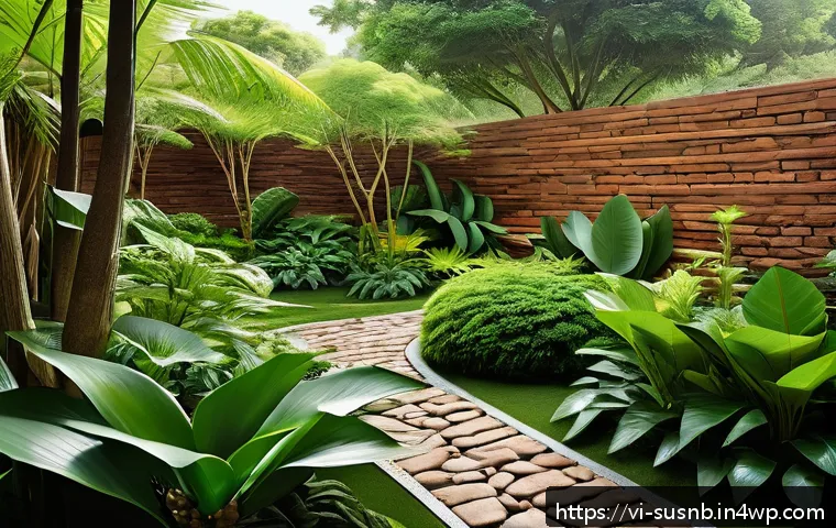 조경에서의 생태적 원칙 적용 사례 - A lush Vietnamese tropical garden showcasing native trees like Indian almond (Terminalia catappa), m...