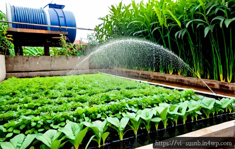 Home 17 조경에서의 물 절약 혁신 기술 - Photorealistic modern Vietnamese tropical home garden in Ho Chi Minh City, close view of a smart dri...