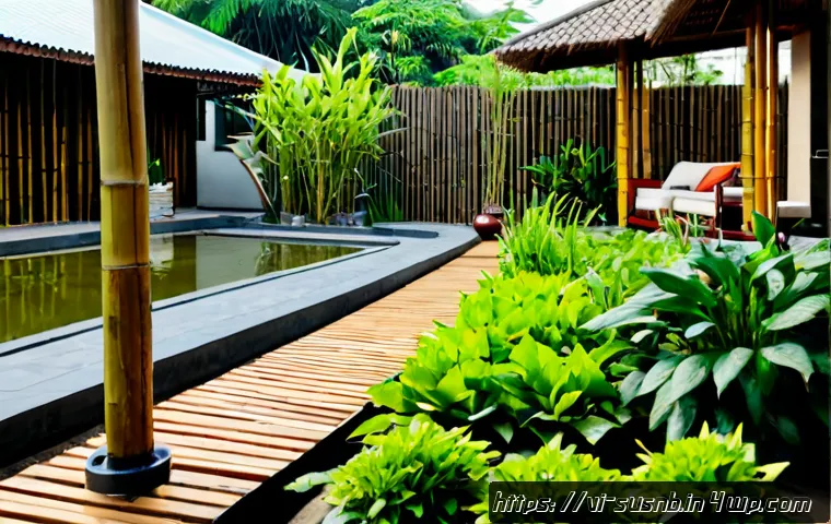 Home 17 재생 가능한 자원으로서의 조경 설계 - Photorealistic sustainable landscape design in a modern Vietnamese urban courtyard, recycled brick p...