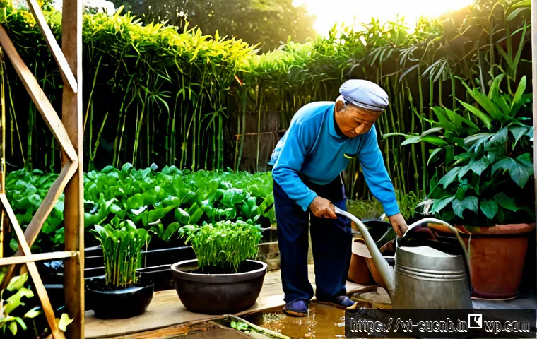 Home 17 정원 식물의 지속 가능한 자원 관리 - Photorealistic Vietnamese home garden at sunrise, an older gardener in practical long-sleeve clothin...