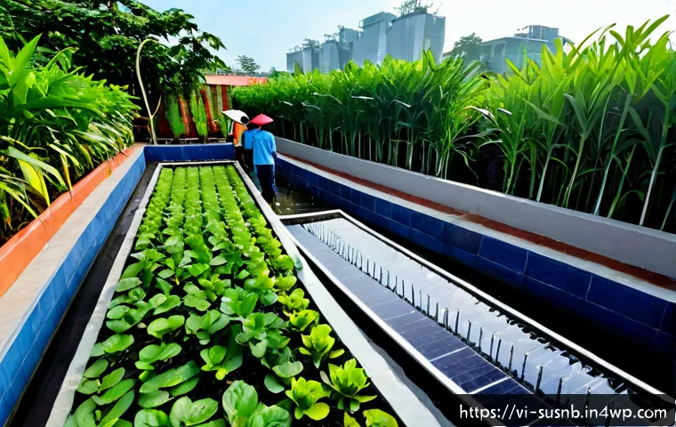 조경에서의 최신 지속가능 기술 동향 - Photorealistic sustainable urban landscape in Ho Chi Minh City, Vietnam, featuring a lush rooftop ga...