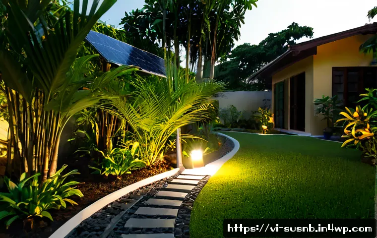 태양광 활용한 조경 조명 설치법 - Photorealistic Vietnamese tropical home garden at golden hour, a homeowner installing small solar pa...